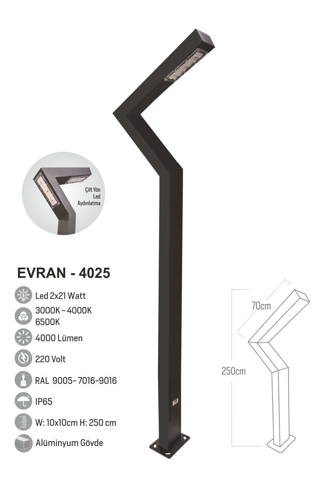 Bollard Aydınlatma Evran Bahçe, Site,Cadde Led Aydınlatma Direği 250cm