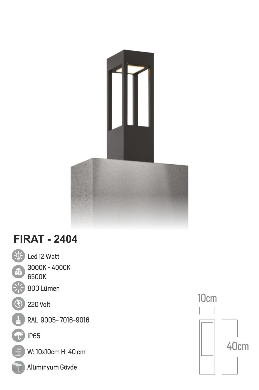 Bollard Aydınlatma Fırat Bahçe, Site, Yürüme Yolu Aydınlatma 40cm
