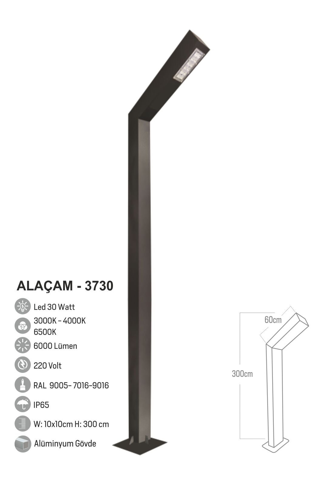 Bollard Aydınlatma Alaçam Bahçe, Site, Yürüme Yolu Aydınlatma Direği 300cm