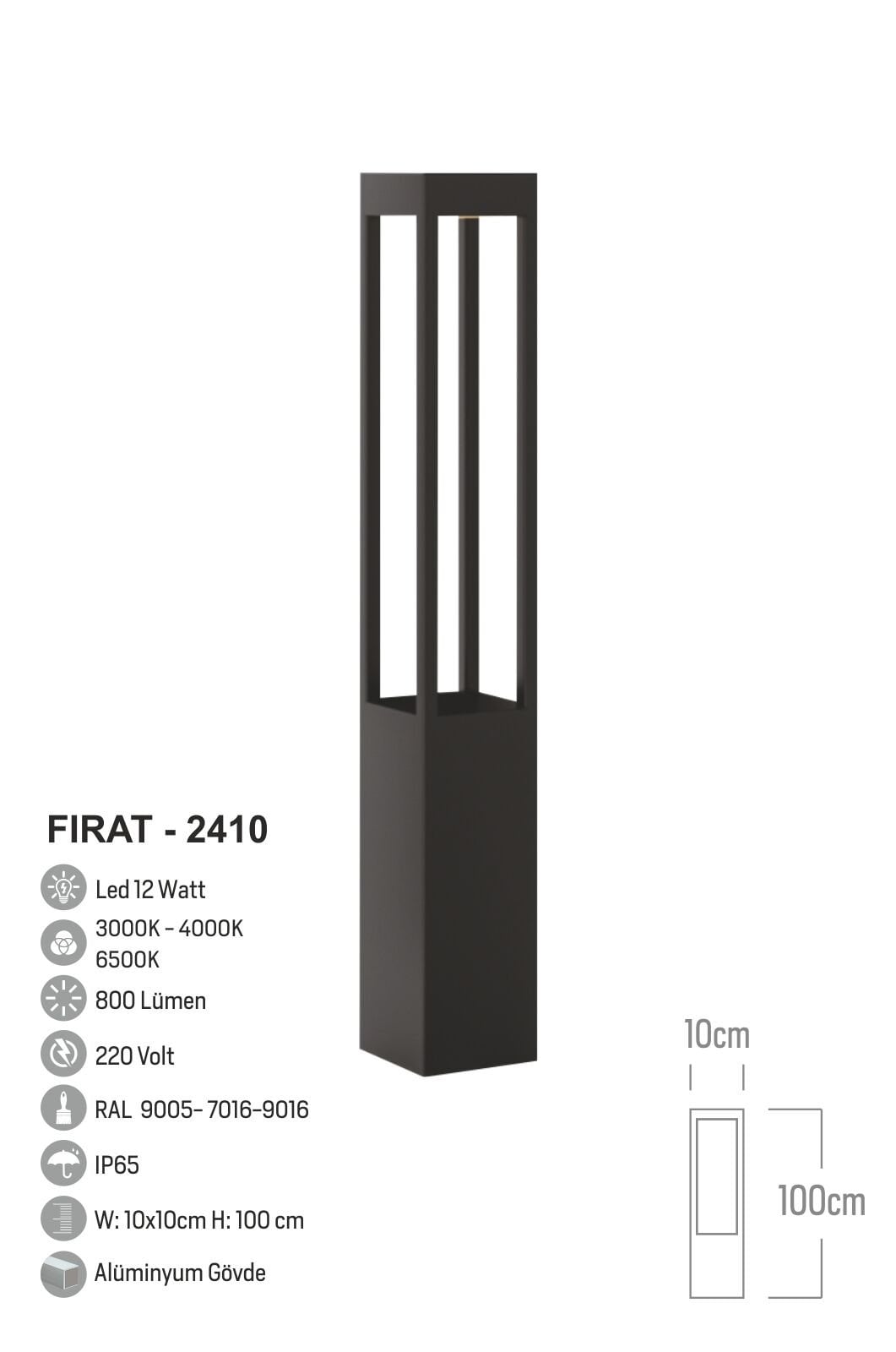 Bollard Aydınlatma Fırat Bahçe, Site, Yürüme Yolu Aydınlatma 100cm