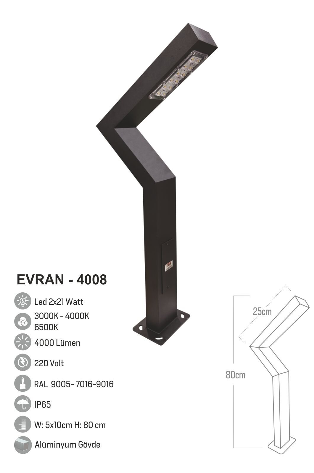 Bollard Aydınlatma Evran Çift Yönlü Bahçe Aydınlatma 80CM