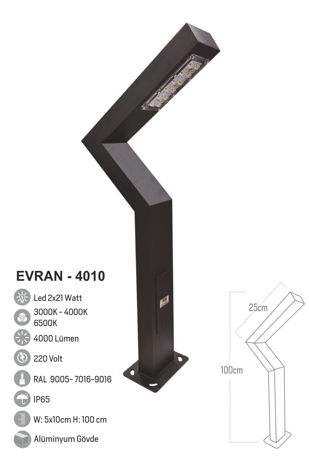 Bollard Aydınlatma Evran Çift Yönlü Bahçe Aydınlatma 100CM