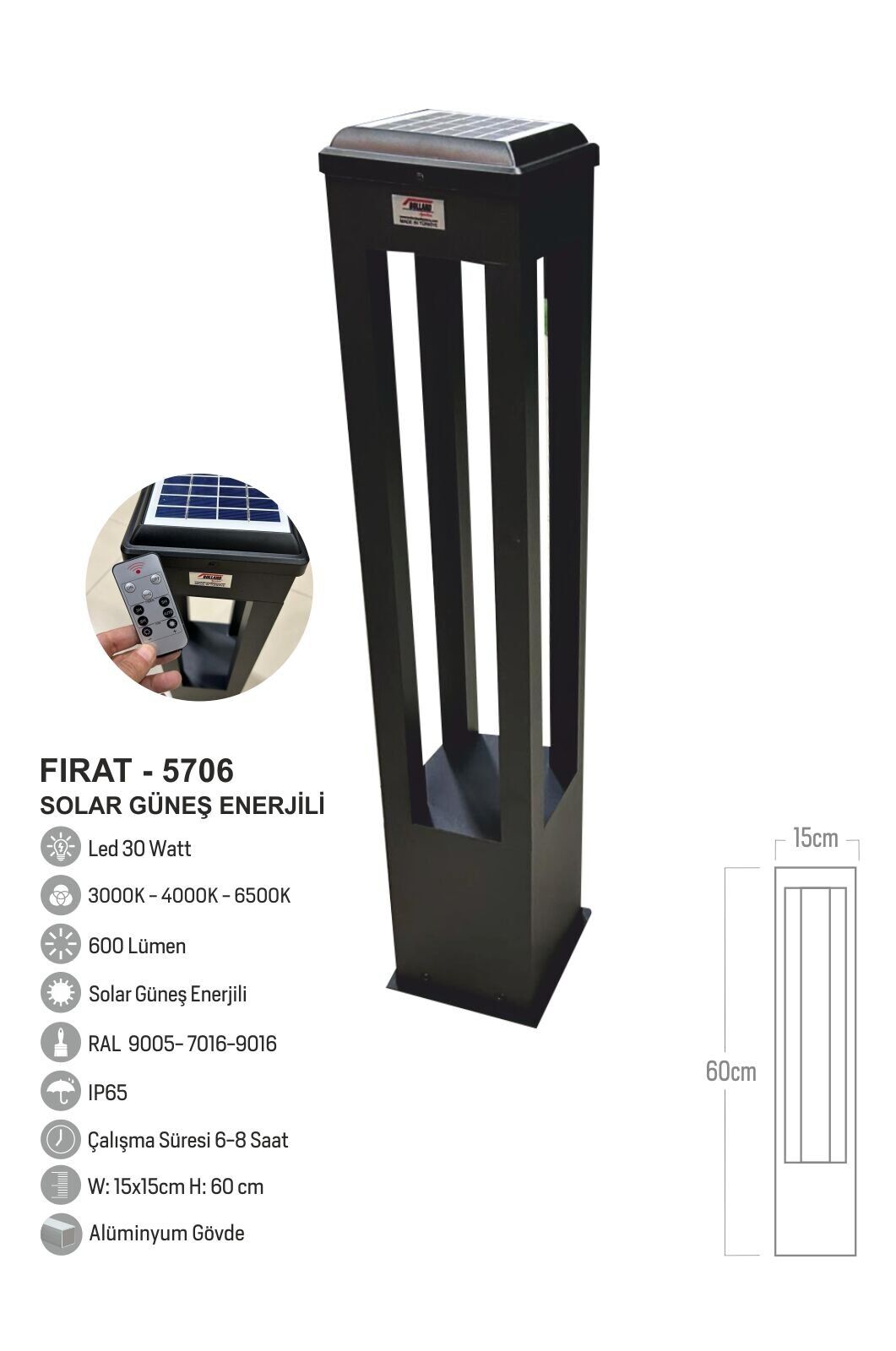 Bollard Aydınlatma Fırat Solar  Bahçe Aydınlatması 100CM