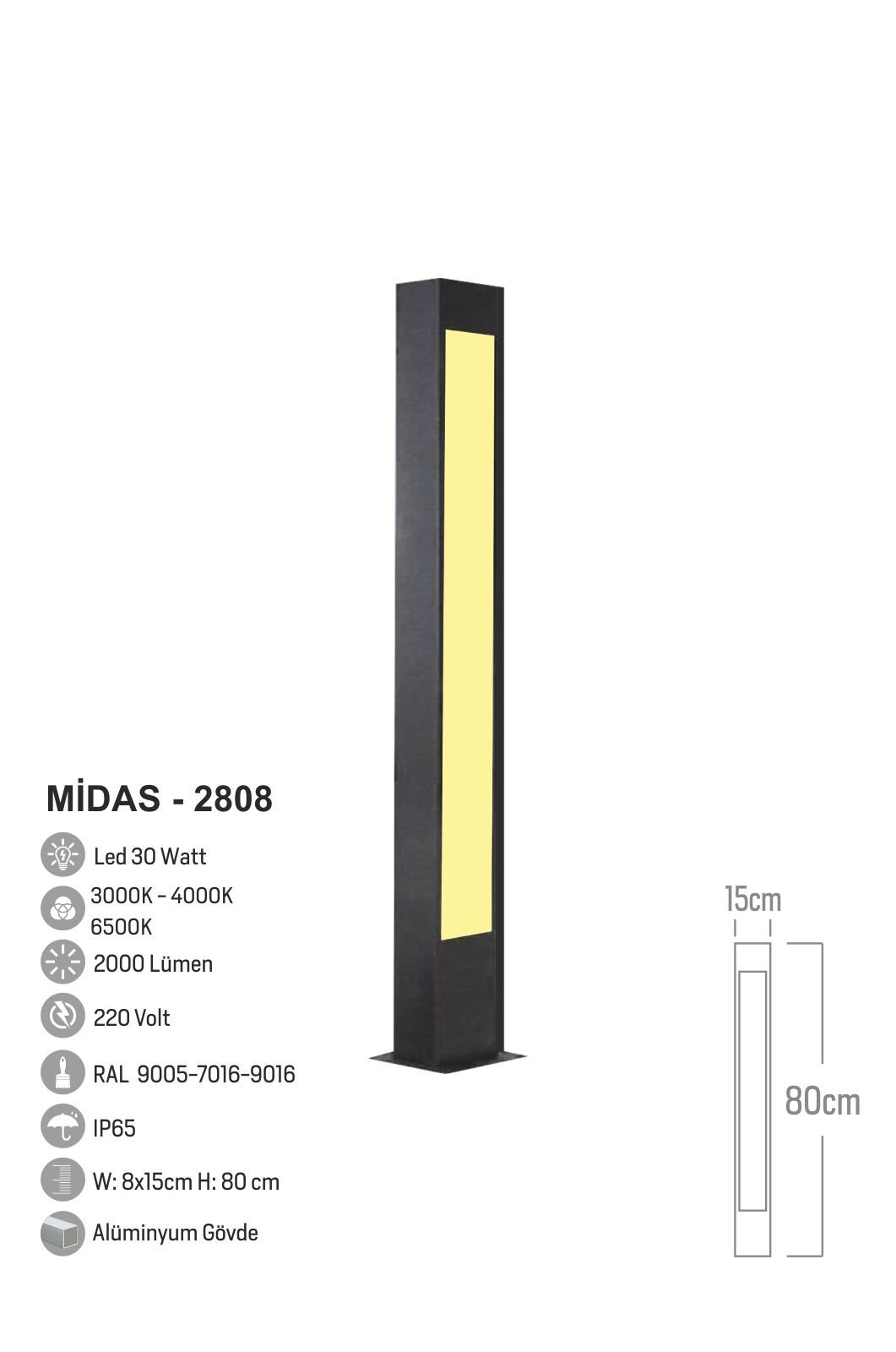 Bollard Aydınlatma Midas Bahçe, Yürüme Yolu Aydınlatma 80cm