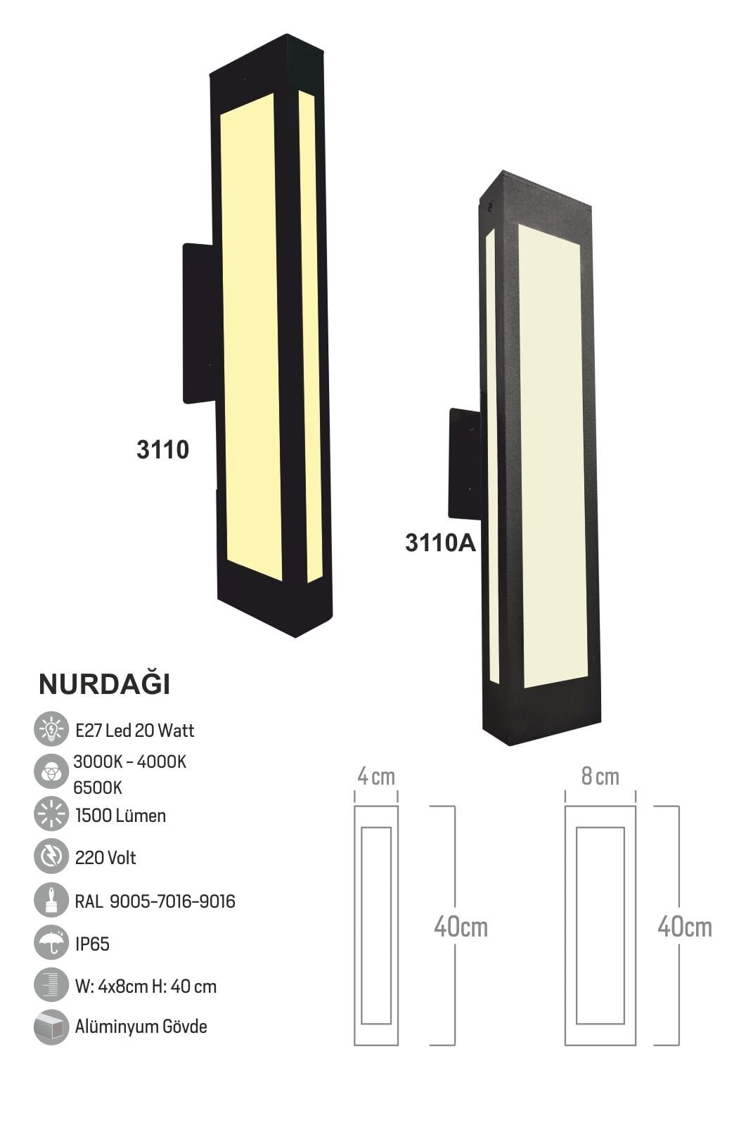 Bollard Aydınlatma Nurdağı Led Duvar Aplik Bahçe Aydınlatma 40cm