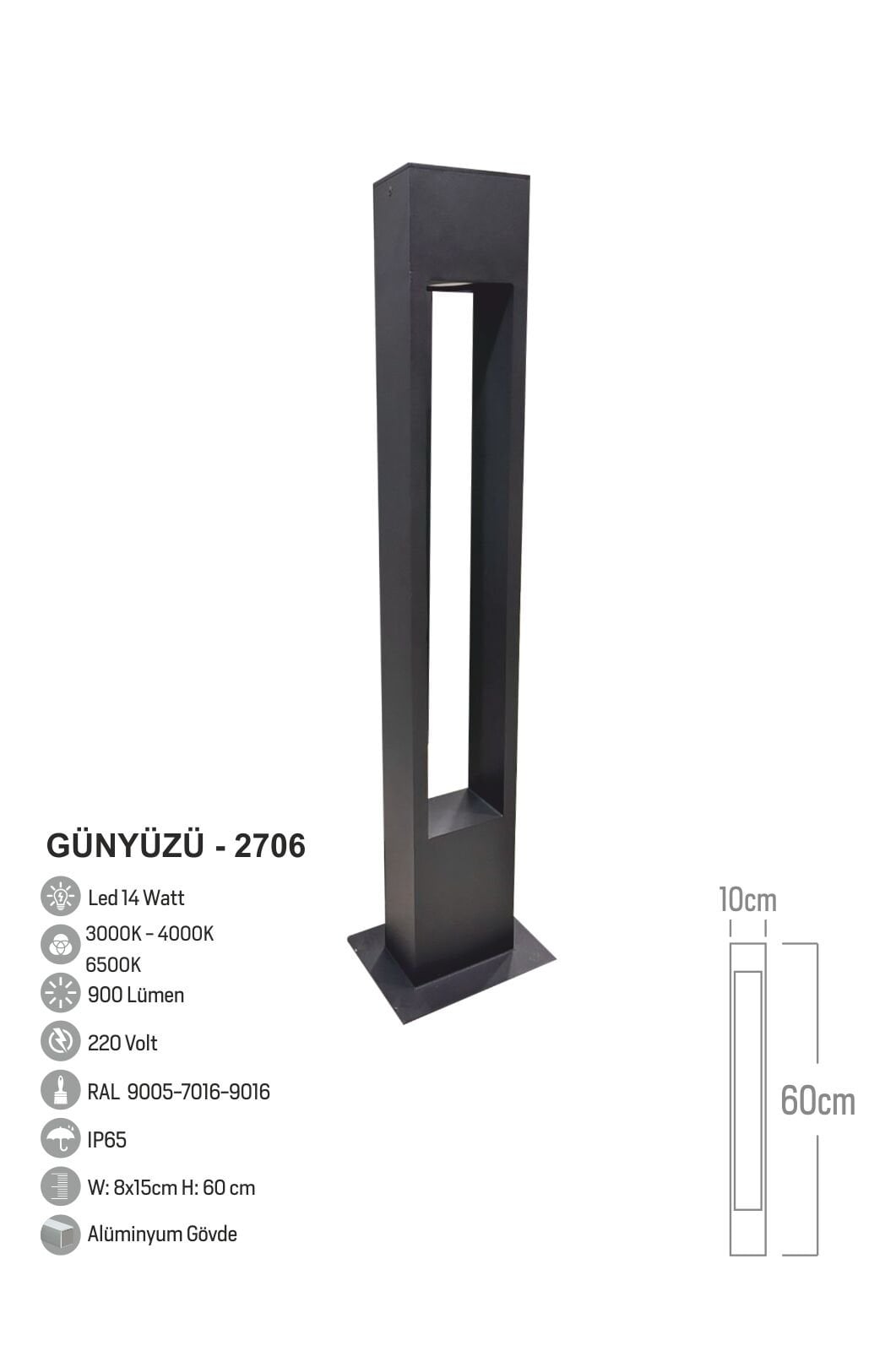 Bollard Aydınlatma Günyüzü Led Yürüme Yolu Aydınlatma 60 cm