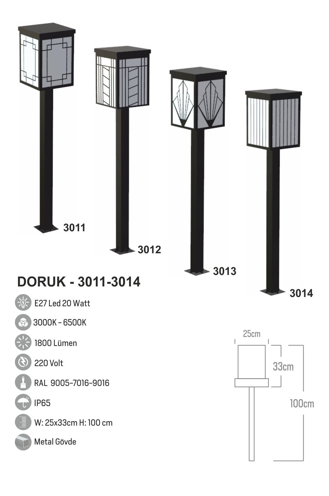 Bollard Aydınlatma Doruk Bahçe 20W LED Bahçe Aydınlatma 100cm
