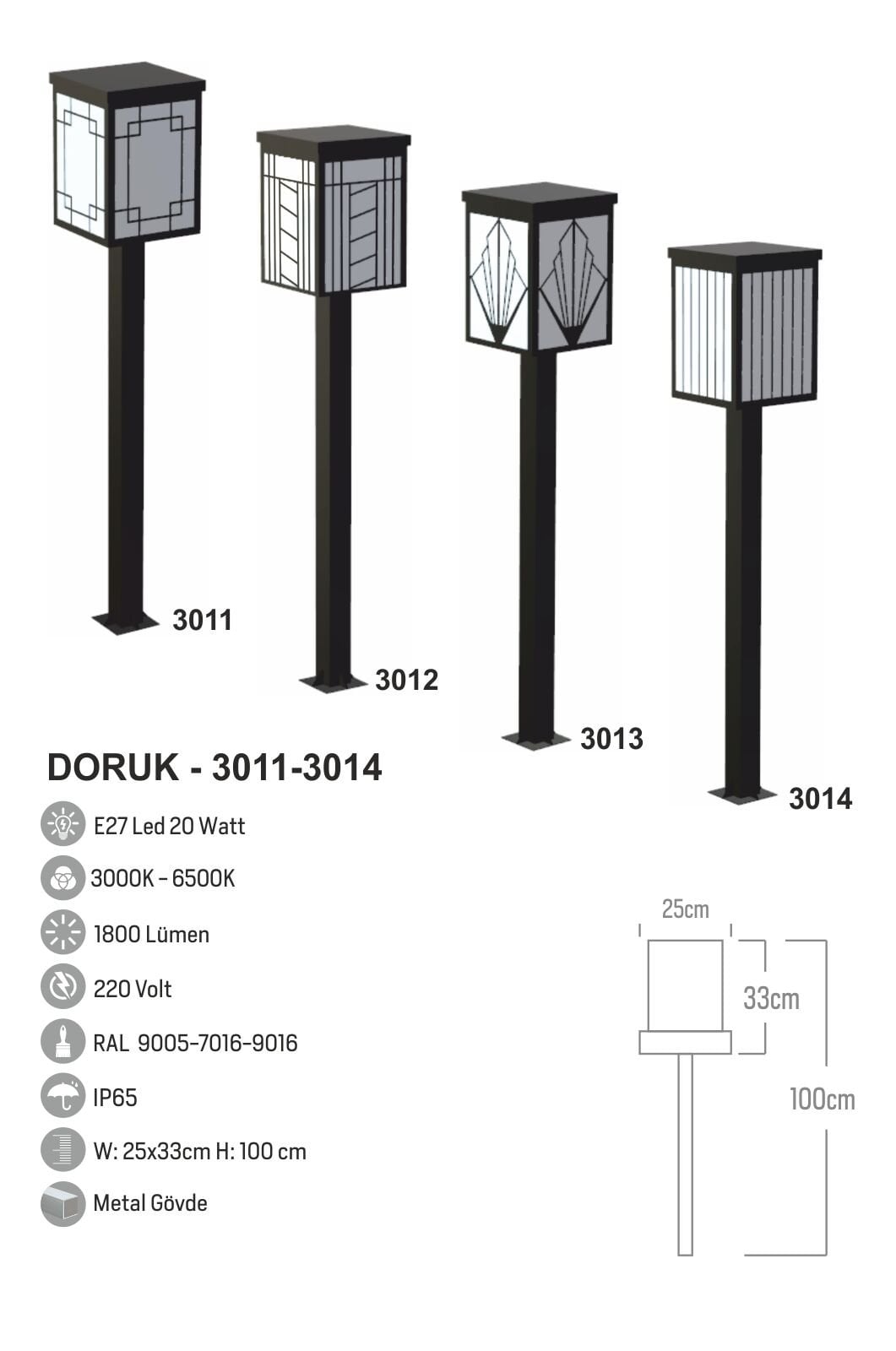 Bollard Aydınlatma Doruk Bahçe 20W LED Bahçe Aydınlatma 100cm