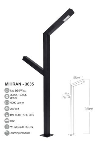 Bollard Aydınlatma Mihran 90W LED Çift Yönlü Bahçe Sokak Aydınlatma Direği 350cm