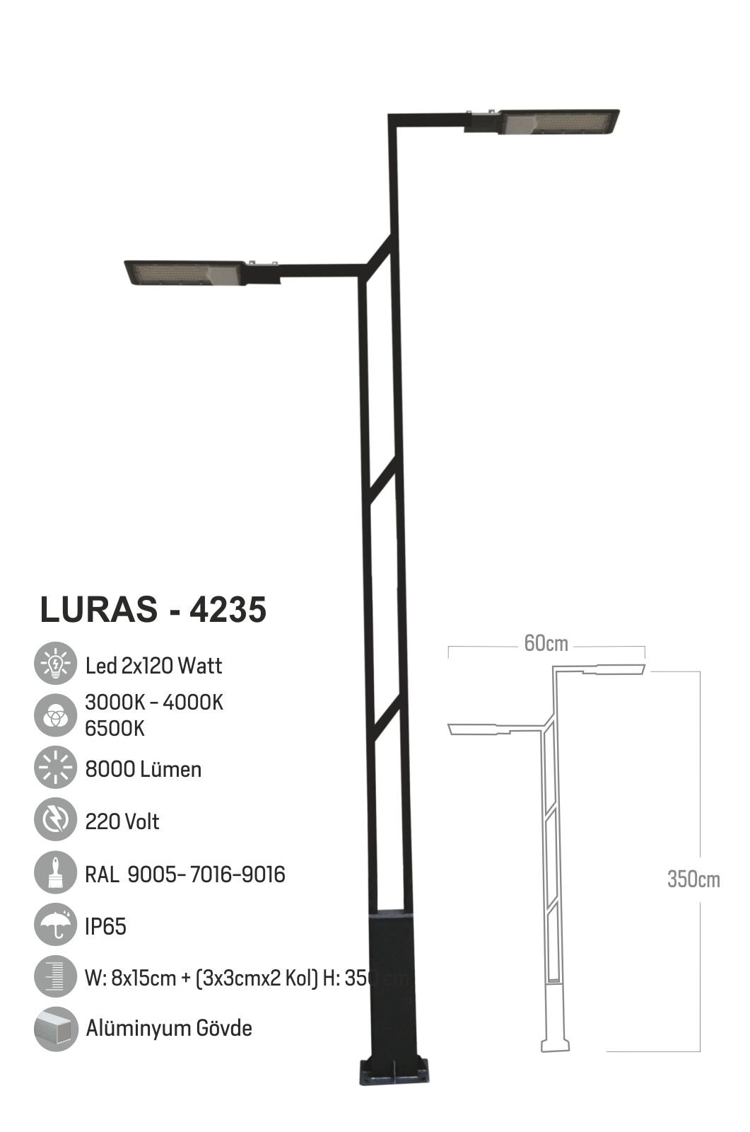 Bollard Aydınlatma Luras 2X150W Dış Mekan Sokak Bahçe Aydınlatma Direği 350cm