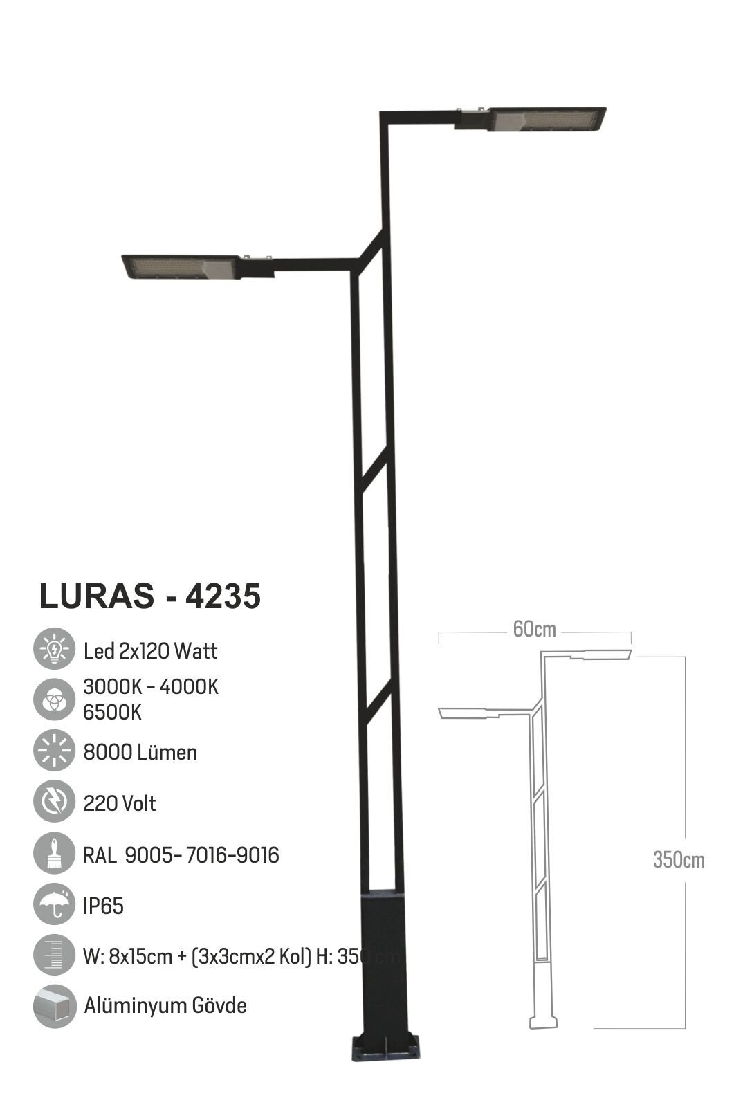 Bollard Aydınlatma Luras 2X150W Dış Mekan Sokak Bahçe Aydınlatma Direği 350cm