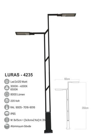 Bollard Aydınlatma Luras 2X150W Dış Mekan Sokak Bahçe Aydınlatma Direği 350cm