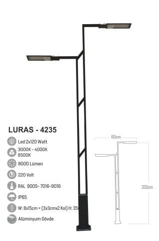 Bollard Aydınlatma Luras 2X150W Dış Mekan Sokak Bahçe Aydınlatma Direği 350cm