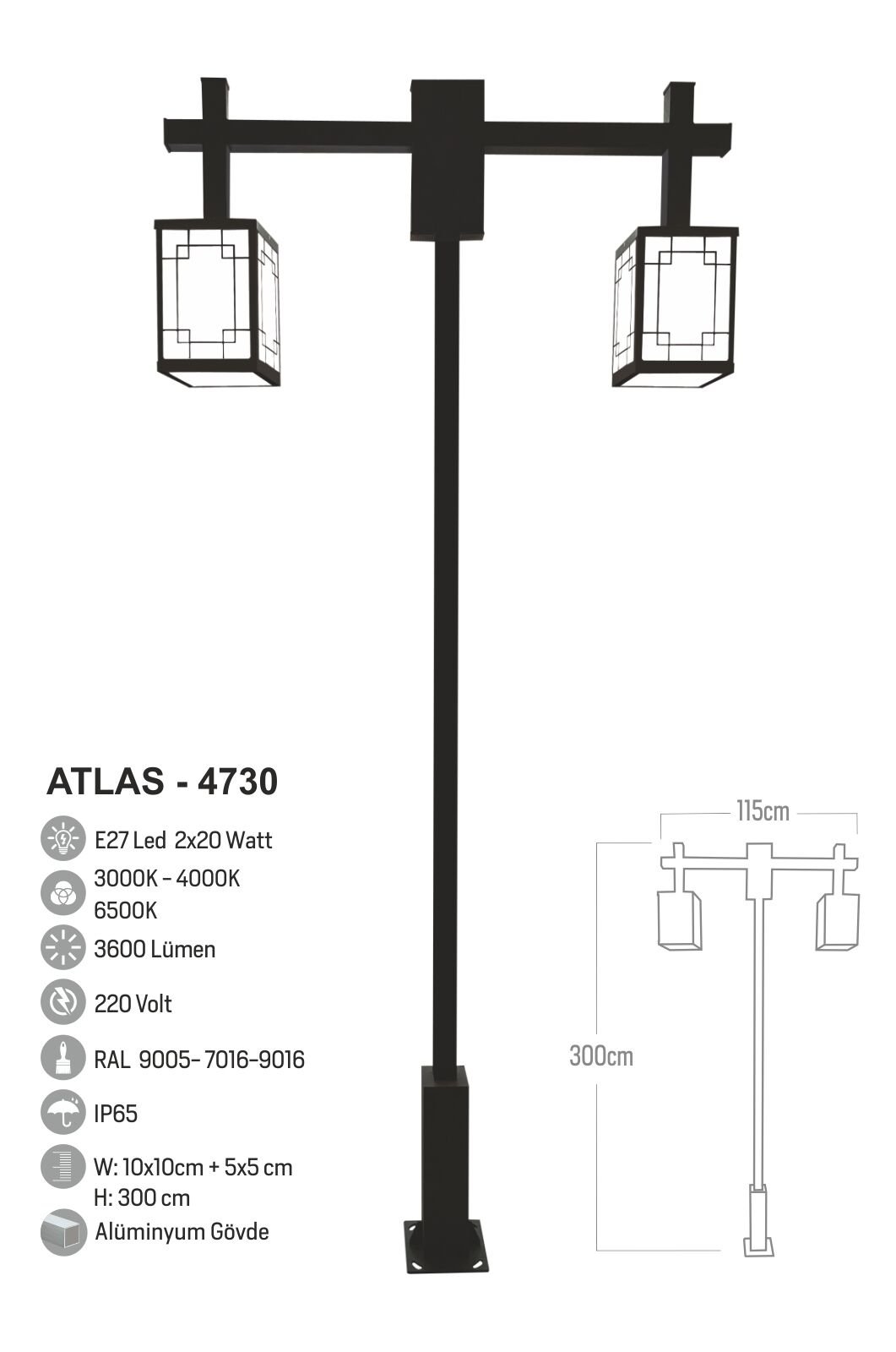 Bollard Aydınlatma Atlas 2x30W LED  Çift Kollu Bahçe Aydınlatma Direği 300cm