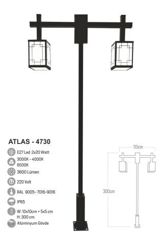 Bollard Aydınlatma Atlas 2x30W LED  Çift Kollu Bahçe Aydınlatma Direği 300cm