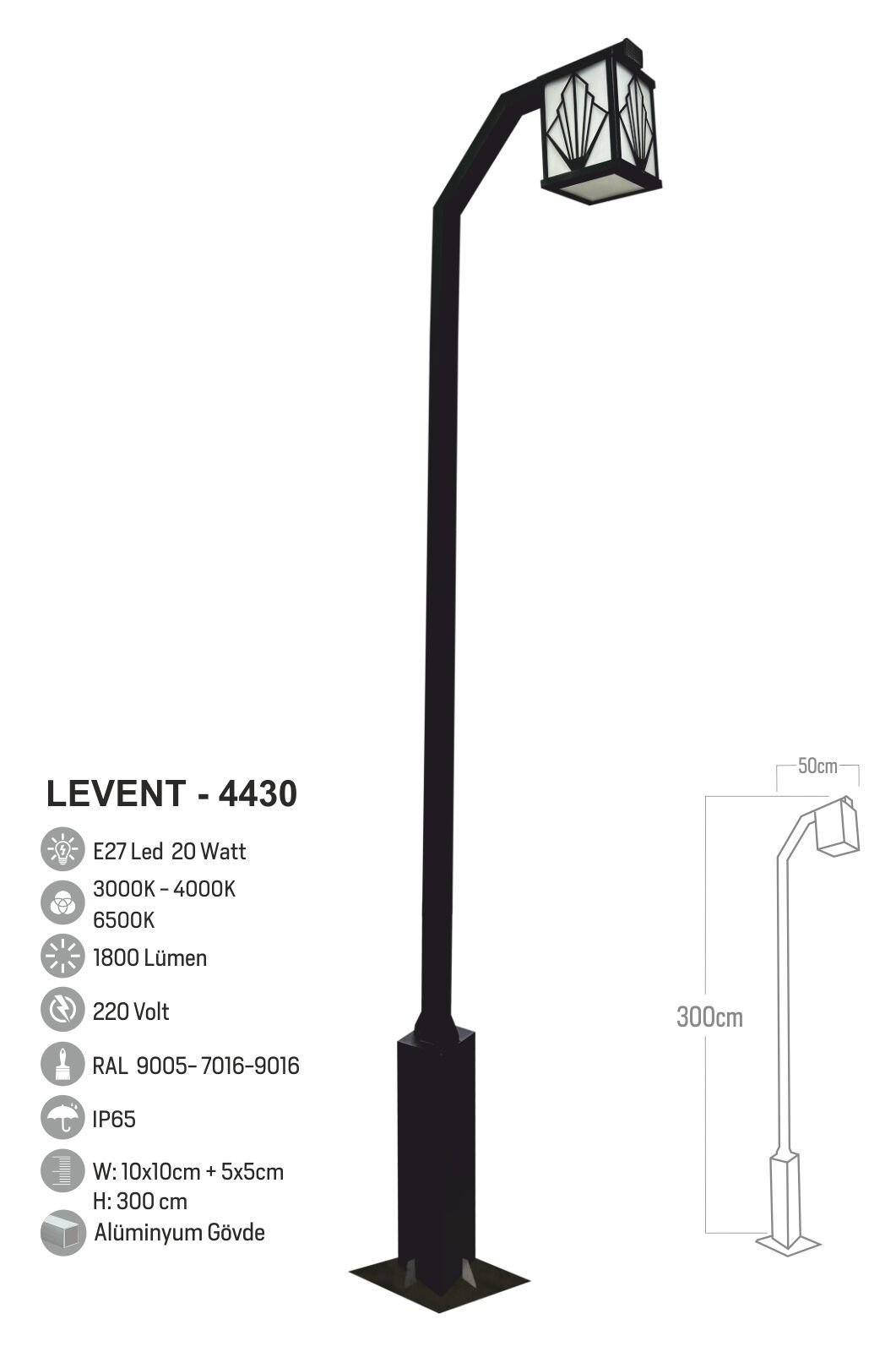 Bollard Aydınlatma Levent 30w LED  Bahçe Aydınlatma Direği 300cm