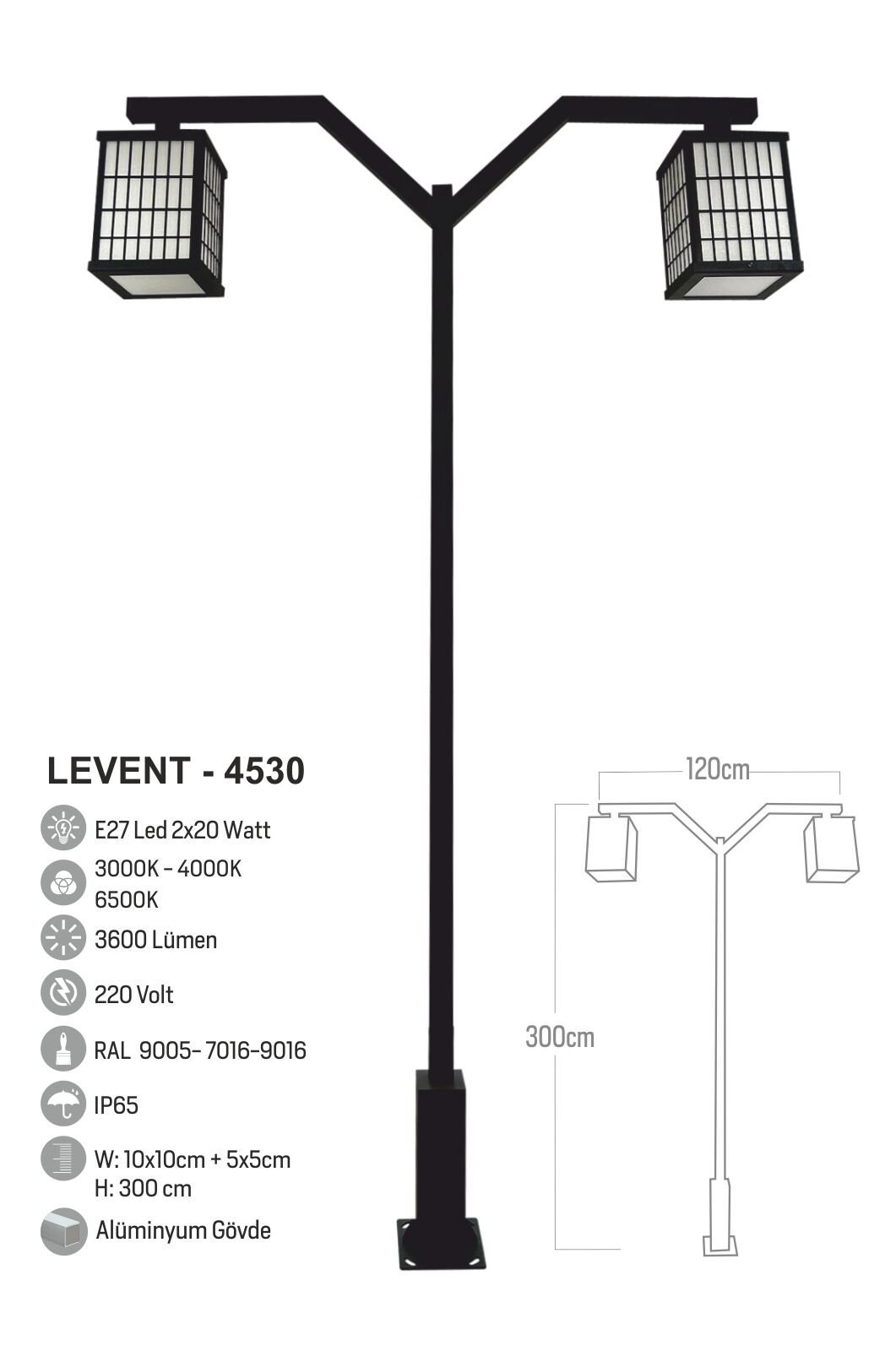 Bollard Aydınlatma Levent 2x30W LED  Çift Kollu Bahçe Aydınlatma Direği 300cm