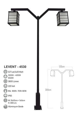 Bollard Aydınlatma Levent 2x30W LED  Çift Kollu Bahçe Aydınlatma Direği 300cm