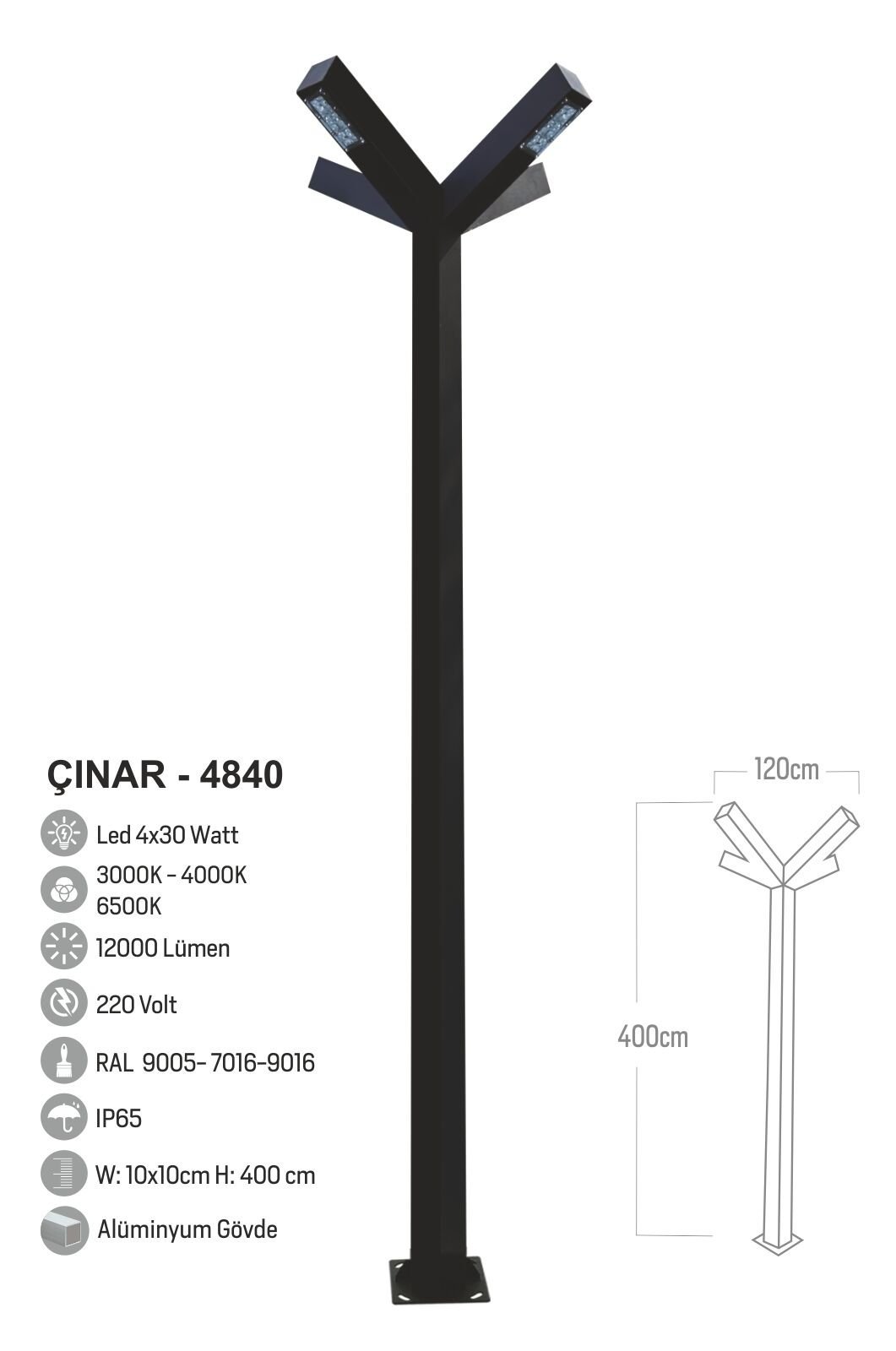Bollard Aydınlatma Çınar 4 Kollu 4x30W Led  Cadde Sokak Bahçe Aydınlatma 400 cm
