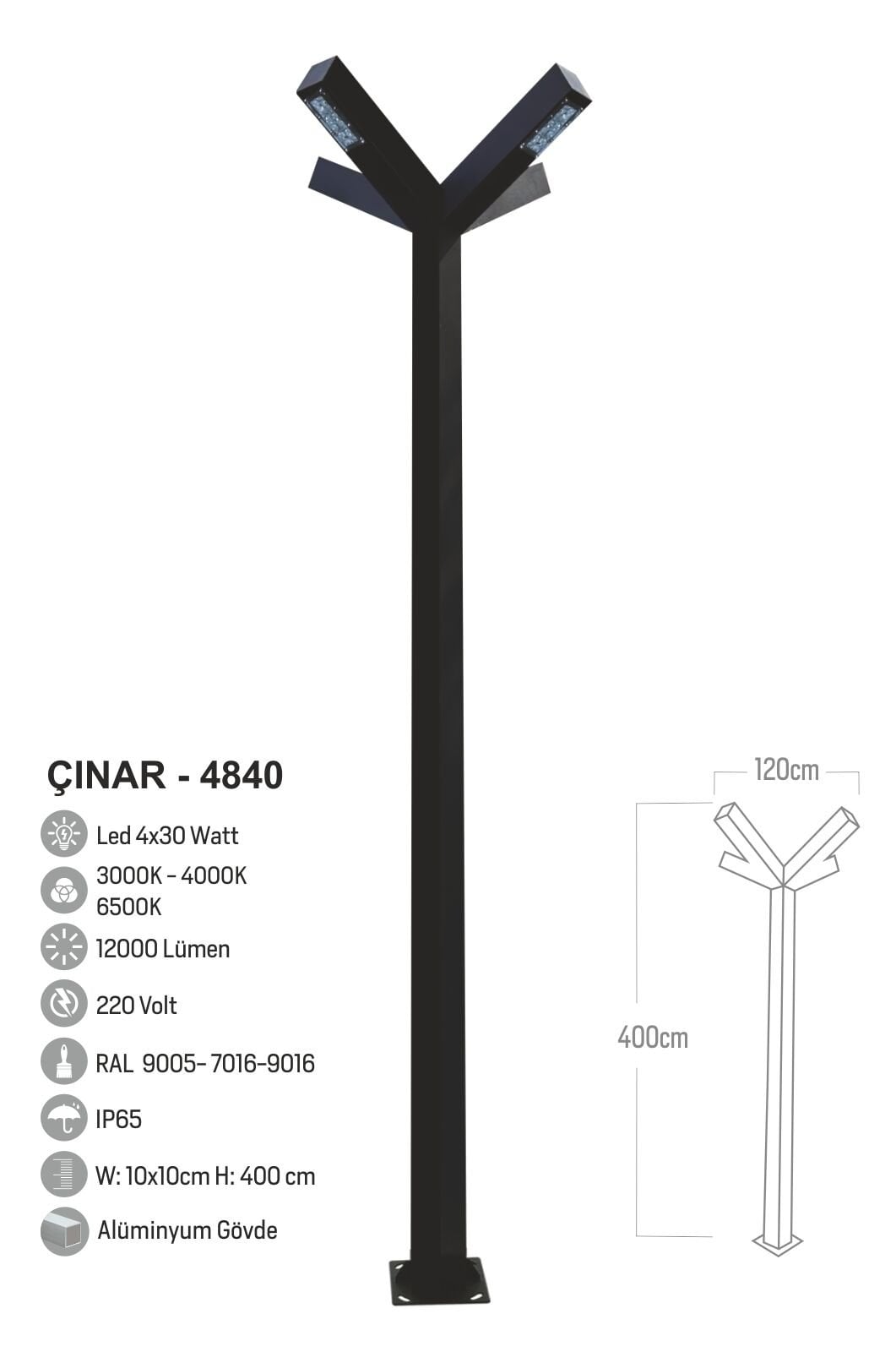 Bollard Aydınlatma Çınar 4 Kollu 4x30W Led  Cadde Sokak Bahçe Aydınlatma 400 cm