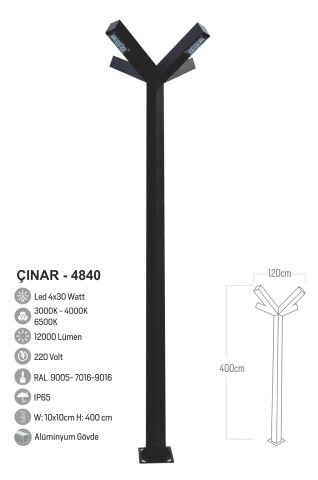 Bollard Aydınlatma Çınar 4 Kollu 4x30W Led  Cadde Sokak Bahçe Aydınlatma 400 cm
