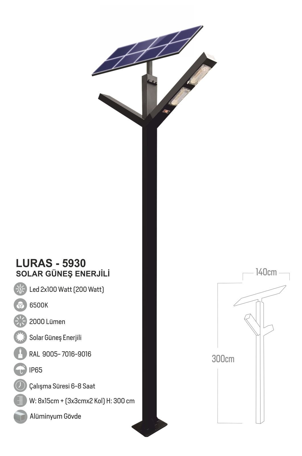 Bollard Aydınlatma Mercan 2x100W Güneş Enerjili Sokak Aydınlatma Direği 300cm