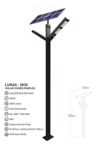Bollard Aydınlatma Mercan 2x100W Güneş Enerjili Sokak Aydınlatma Direği 300cm