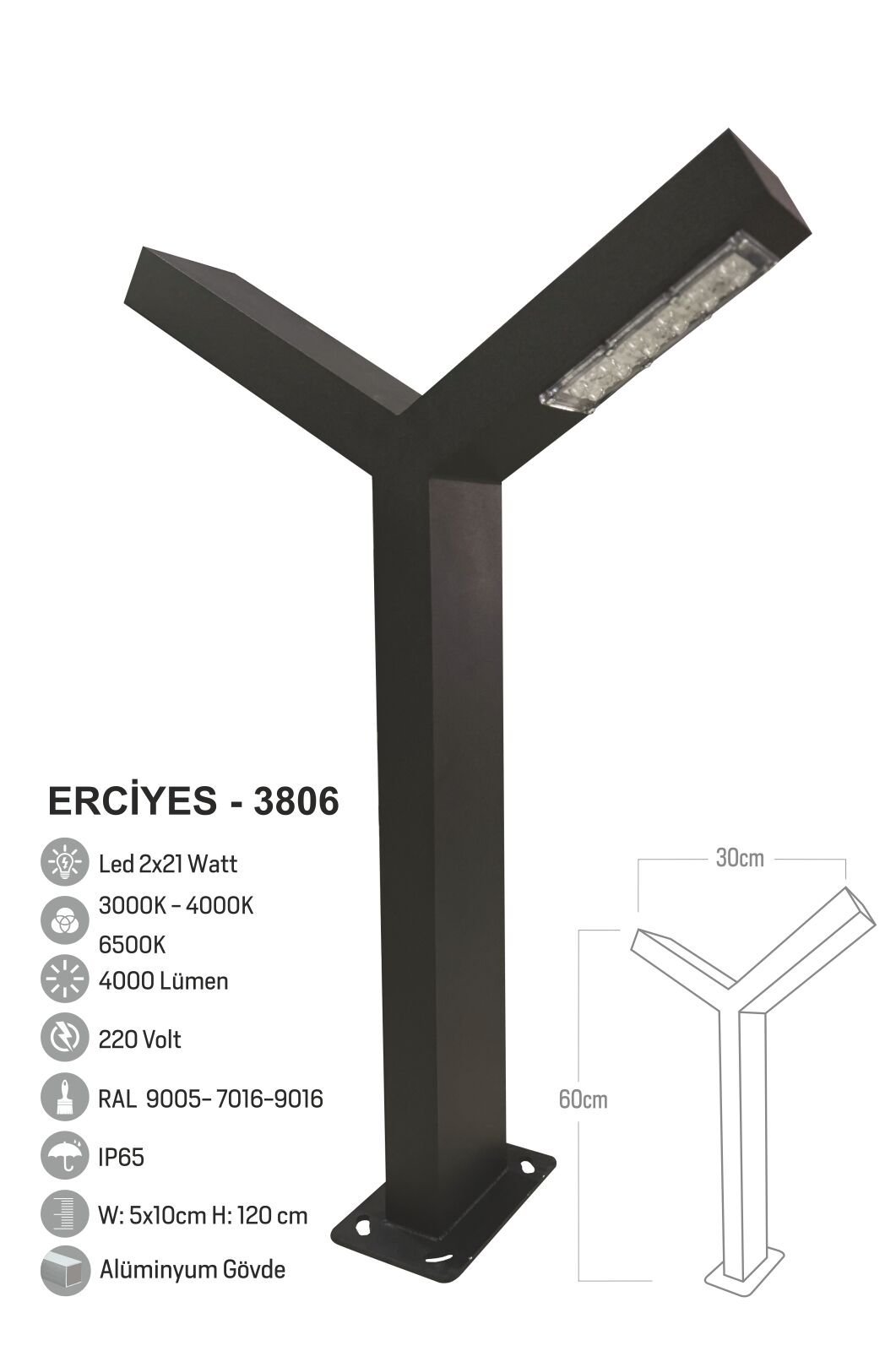 Bollard Aydınlatma Erciyes 60cm 2x21W LED  Çift Yönlü Yürüme Yolu Bahçe Aydınlatma