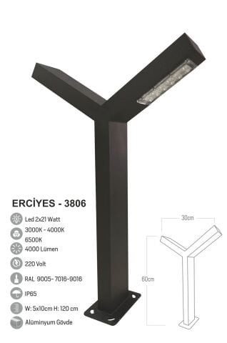 Bollard Aydınlatma Erciyes 60cm 2x21W LED  Çift Yönlü Yürüme Yolu Bahçe Aydınlatma
