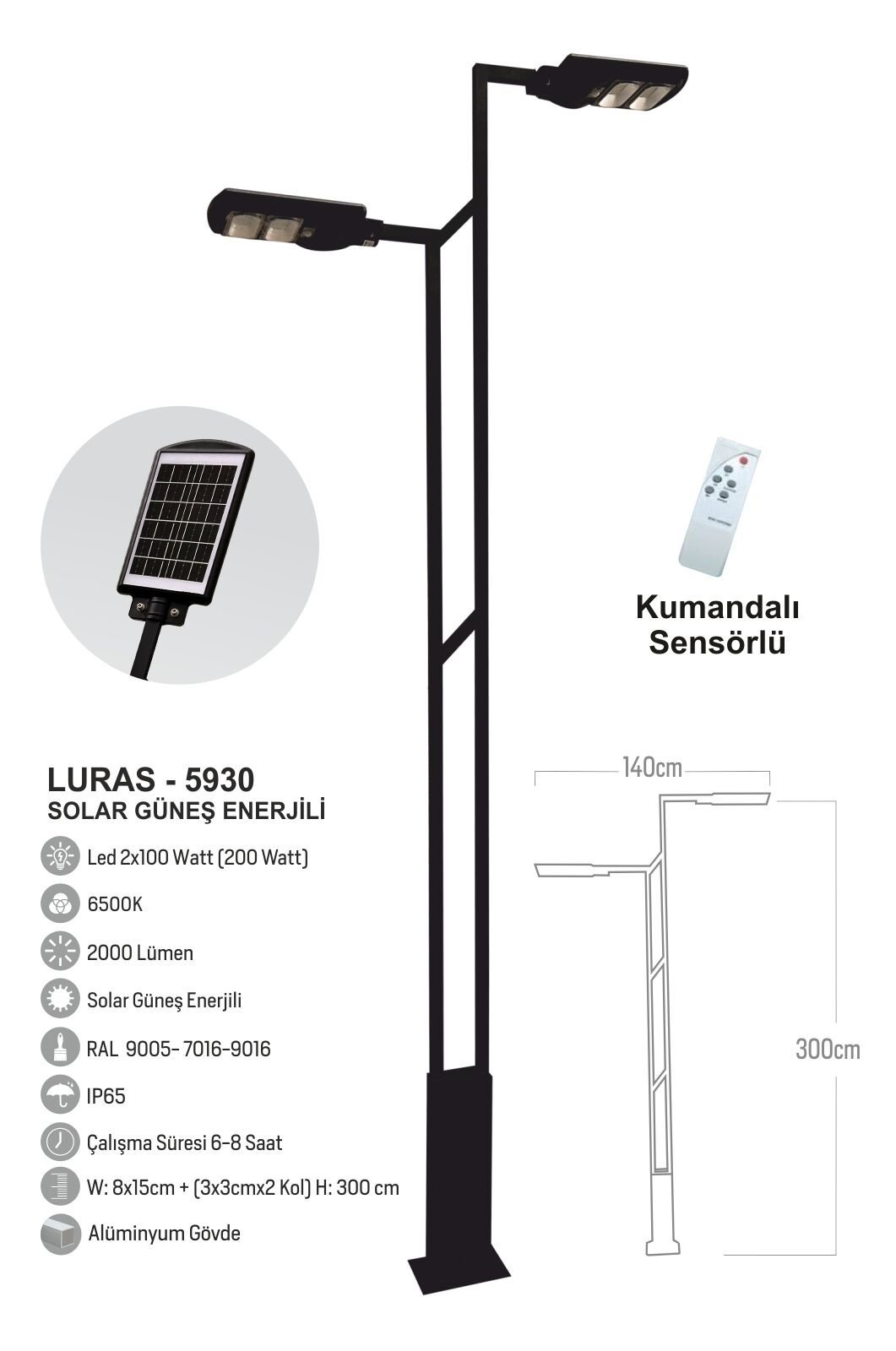 Bollard Aydınlatma Luras 2X120W 300cm. Güneş Enerjili Bahçe Aydınlatma Direği