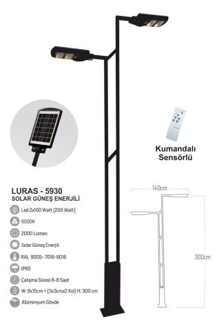 Bollard Aydınlatma Luras 2X120W 300cm. Güneş Enerjili Bahçe Aydınlatma Direği