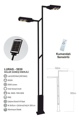 Bollard Aydınlatma Luras 2X120W 300cm. Güneş Enerjili Bahçe Aydınlatma Direği
