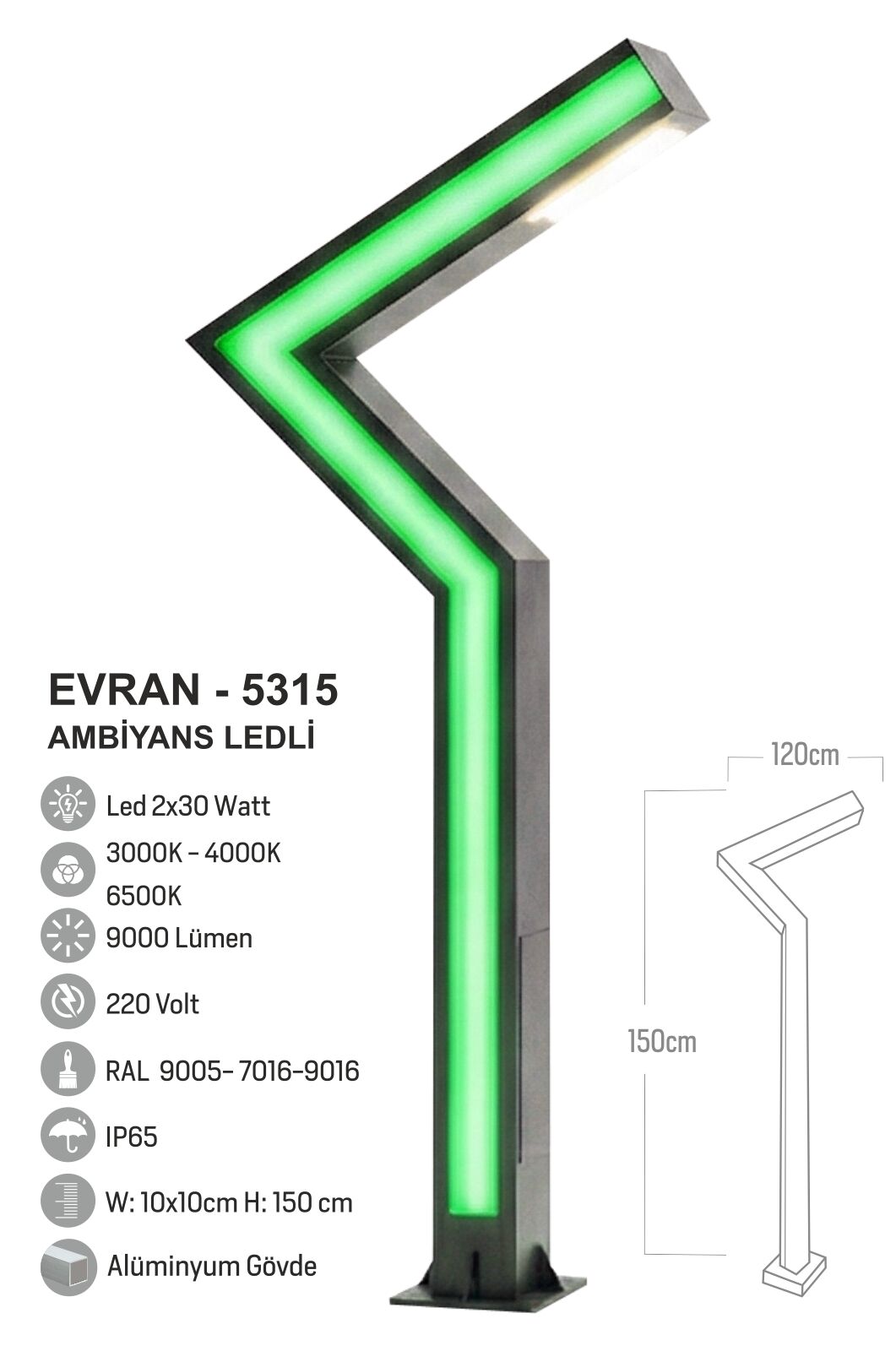 Bollard Aydınlatma Evran Ambiyans Aydınlatma Direği 150CM