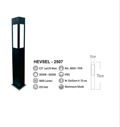 Bollard Hevsel 75cm. Bahçe Aydınlatması, Yürüme Yolu Aydınlatma Alüminyum Gövde