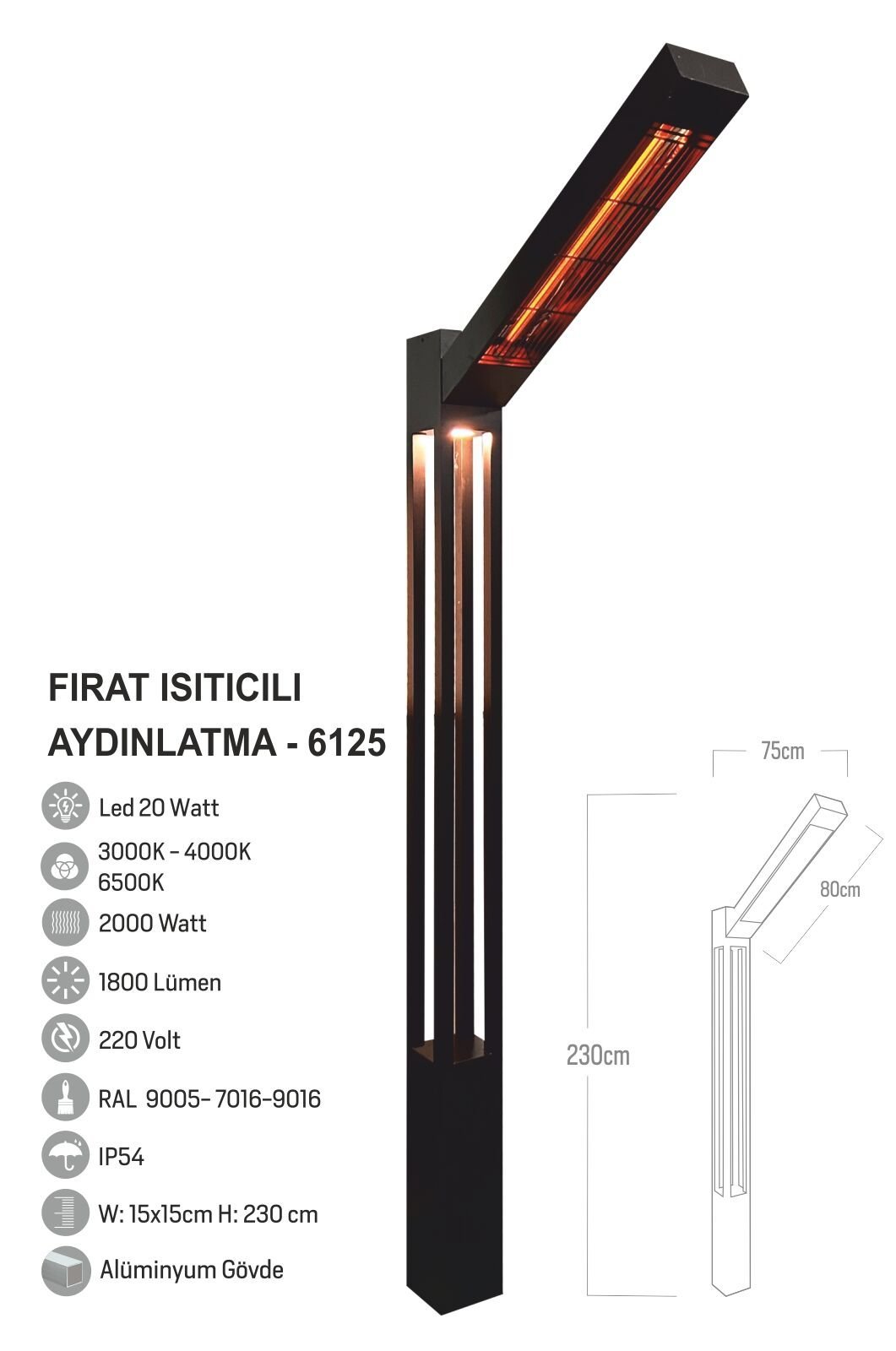 Bollard Aydınlatma Dış Mekan Isıtıcı Direk 250CM