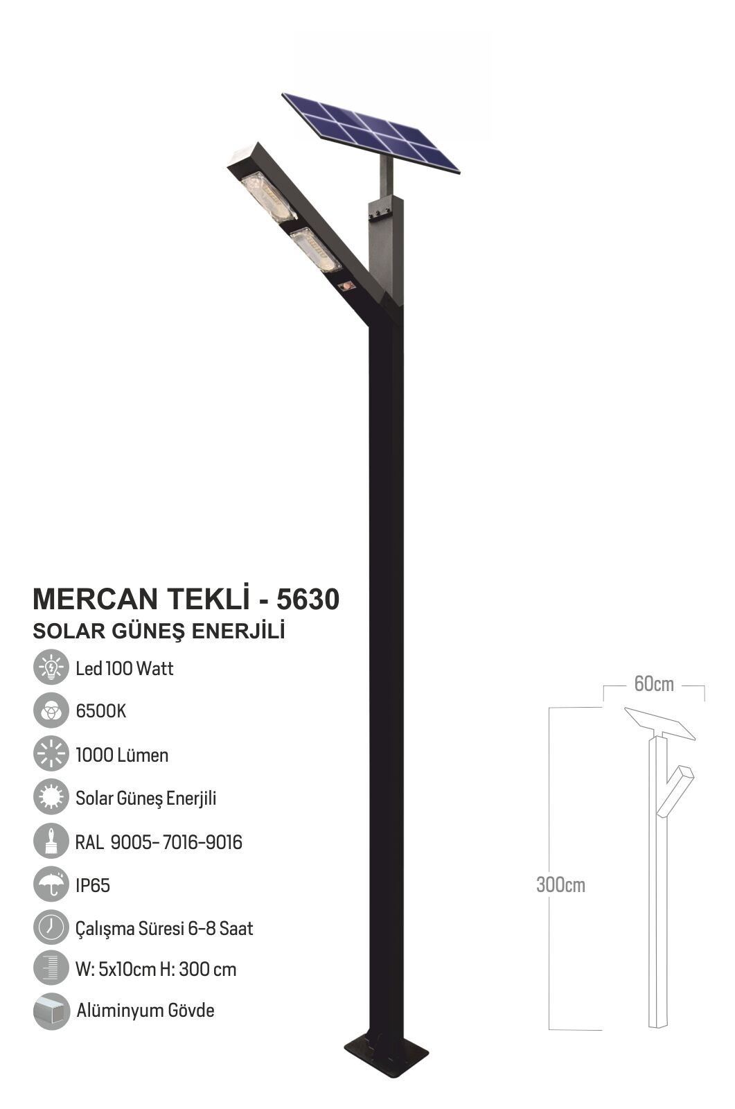 Bollard Aydınlatma Mercan Güneş Enerjili Direk 300CM
