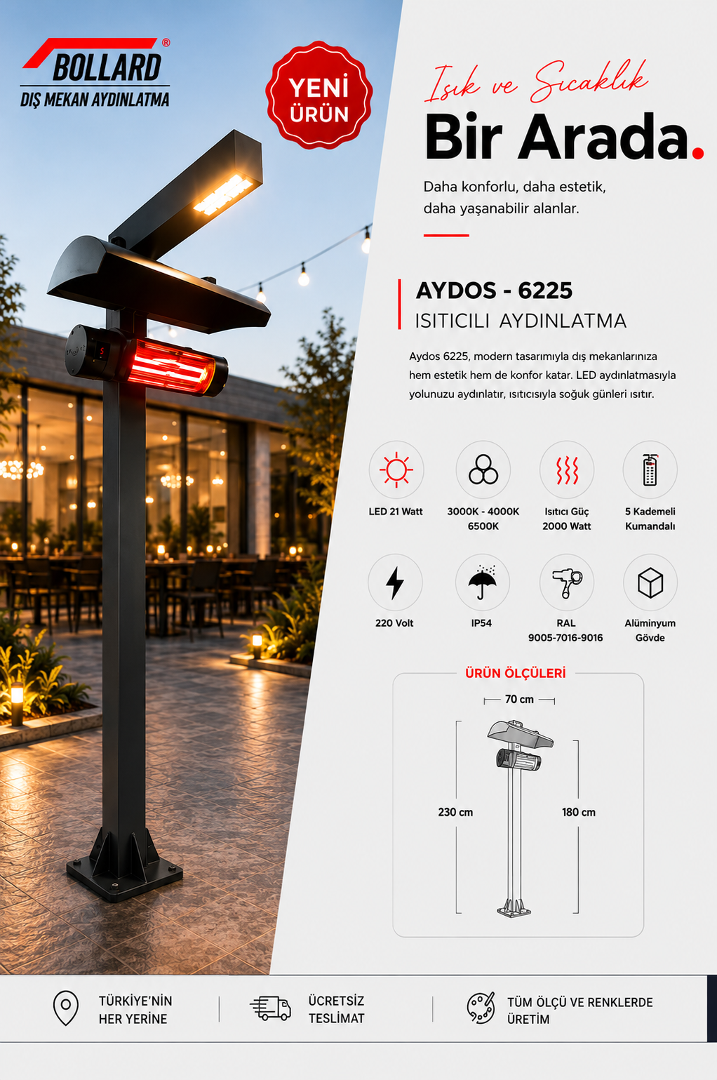 Bollard Aydınlatma Aydos Dış Mekan Isıtıcı Direk 230CM