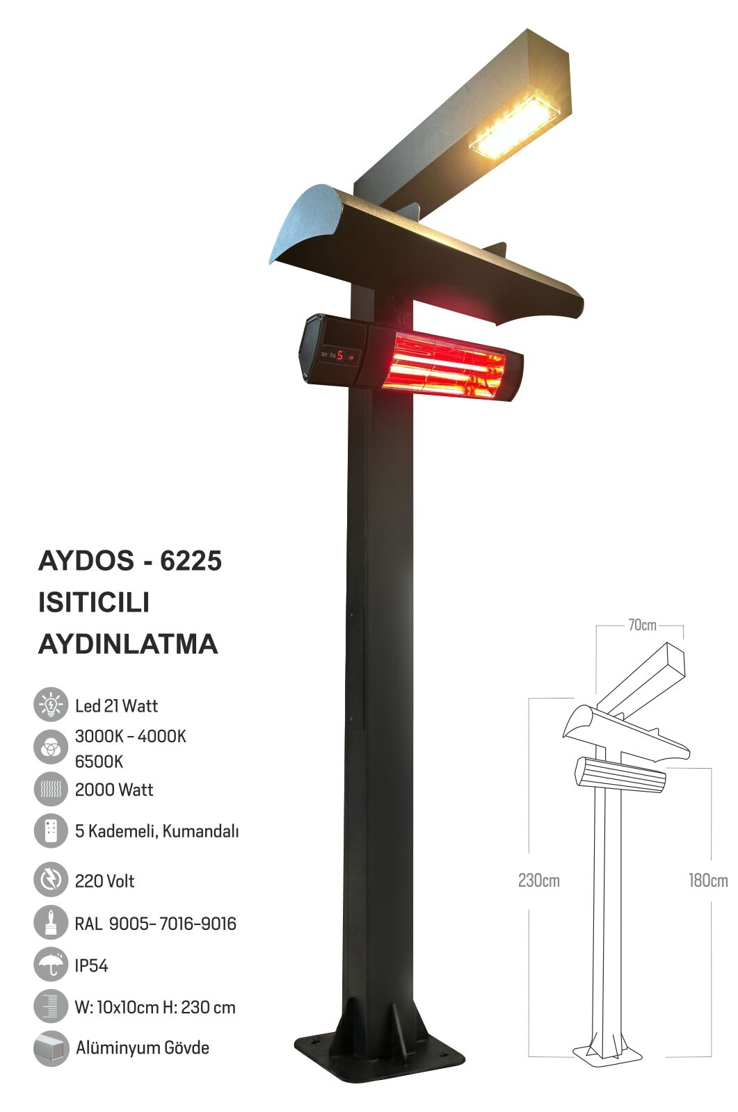 Bollard Aydınlatma Aydos Dış Mekan Isıtıcı Direk 230CM