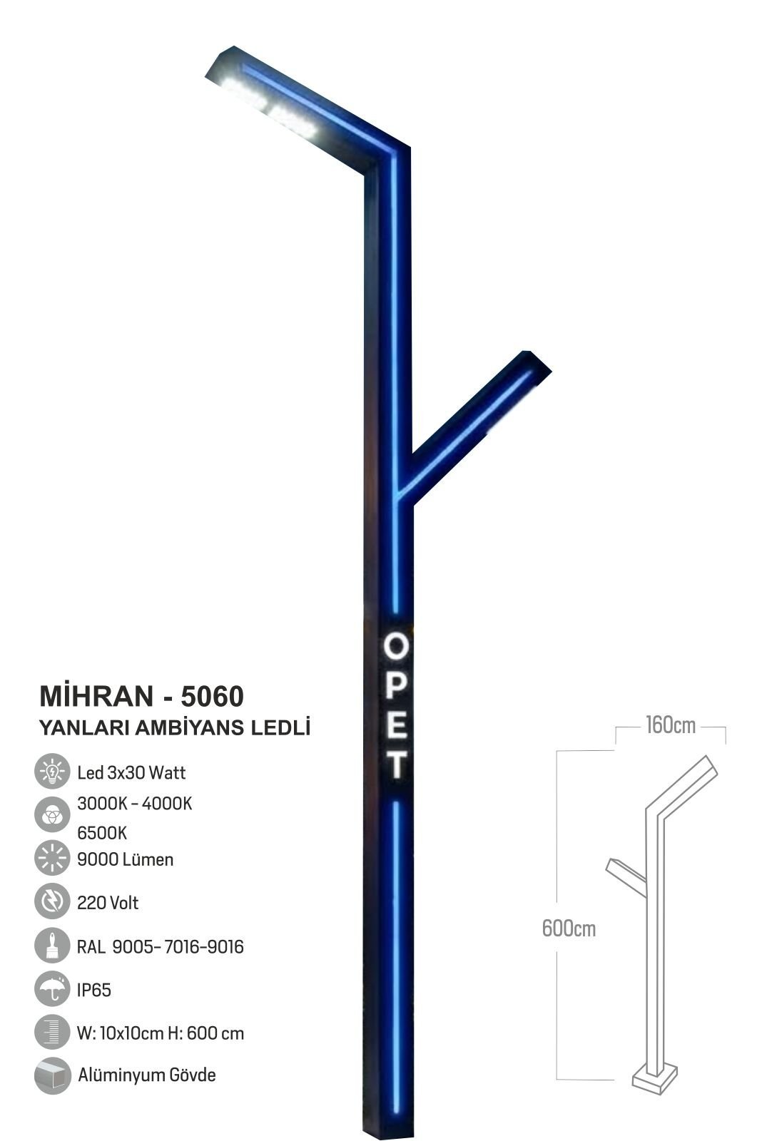 Bollard Aydınlatma Mihran İstasyon Aydınlatma Direği 600CM